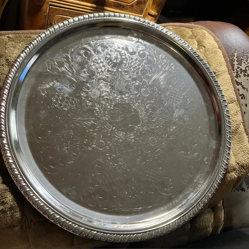 VTG Irvinware Chrome Plated 12.5 Inch Round Serving Tray Etched Design Made USA